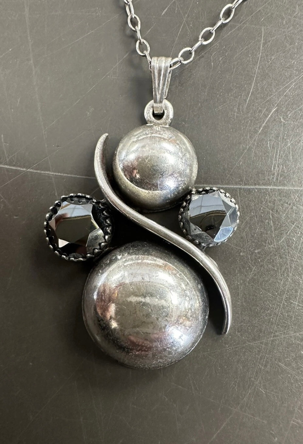 Antique Sterling Faceted “Alaskan Diamond” Hematite Pendant On Sterling Chain
