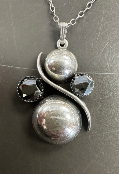 Antique Sterling Faceted “Alaskan Diamond” Hematite Pendant On Sterling Chain