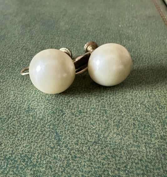 Vintage Marvella Signed Faux Pearl Screw Back Clip On Large Button Earrings