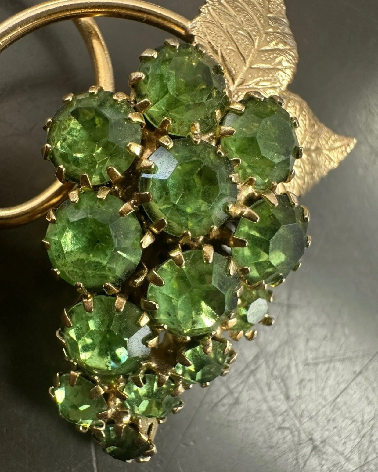 Vintage MCM Bright Light Green Uranium Glass Grape Cluster with Leaves Brooch
