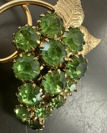 Vintage MCM Bright Light Green Uranium Glass Grape Cluster with Leaves Brooch