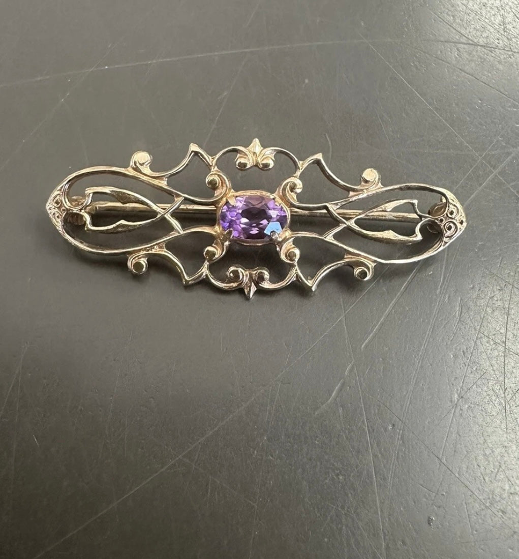 WEH Hayward Vintage Victorian Revival Brass Pin With Amethyst