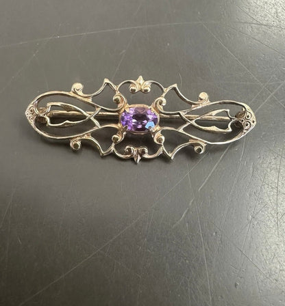WEH Hayward Vintage Victorian Revival Brass Pin With Amethyst