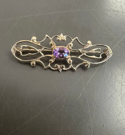 WEH Hayward Vintage Victorian Revival Brass Pin With Amethyst