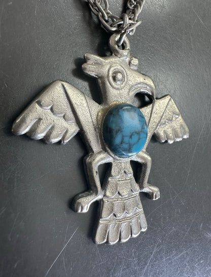Vintage Southwest Style Cast Metal Thunderbird Necklace Turquoise Stone