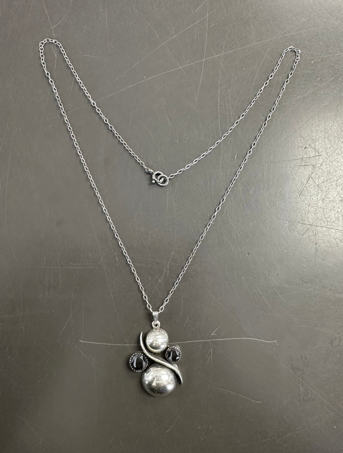 Antique Sterling Faceted “Alaskan Diamond” Hematite Pendant On Sterling Chain
