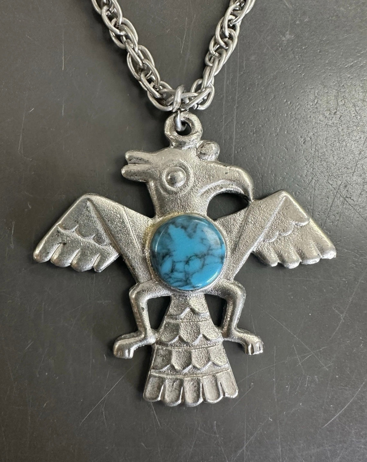 Vintage Southwest Style Cast Metal Thunderbird Necklace Turquoise Stone