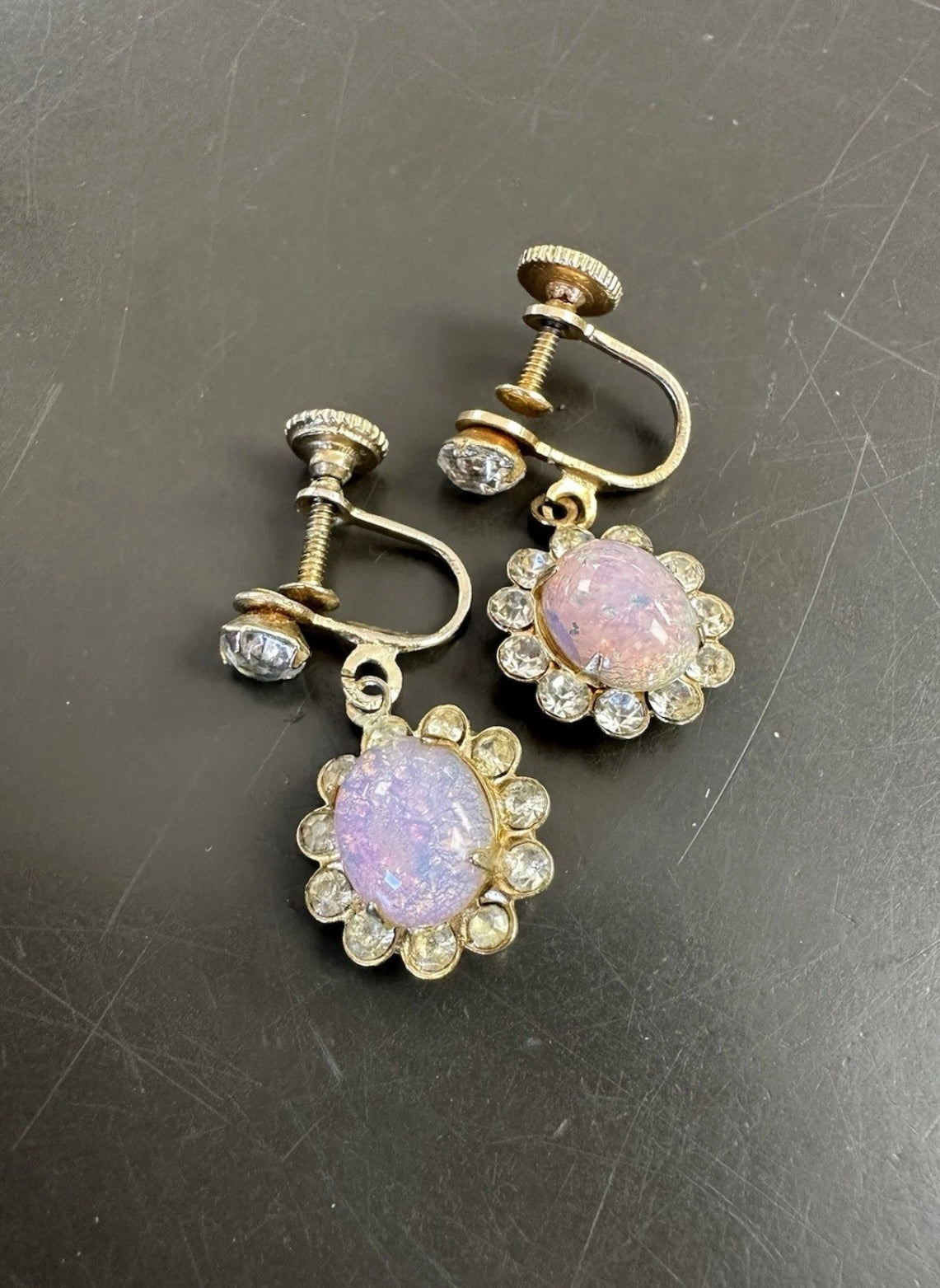 Vintage/Antique 1920’s Foil Fire Opal Rhinestone Screwback Earrings