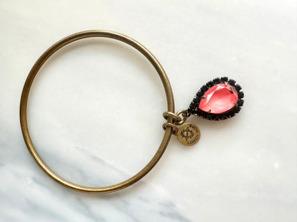 Signed Loren Hope Bangle Bracelet with Pink and Black Teardrop Rhinestone Dangle