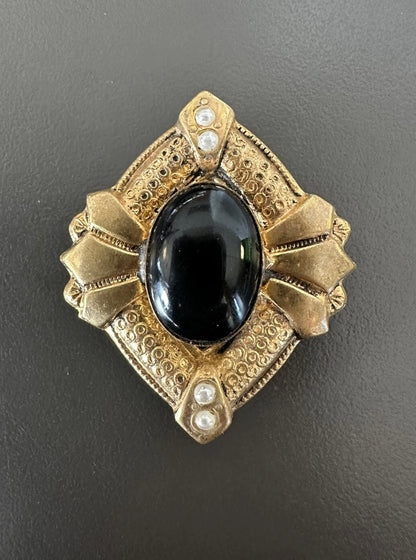 Antique Gold Filled Dress Clip Black Glass Seed Pearl Victorian Art Deco