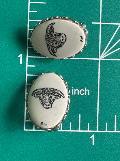 Silvertone Scalloped Clip-on Earrings with Longhorn Cattle Sketch Signed RW