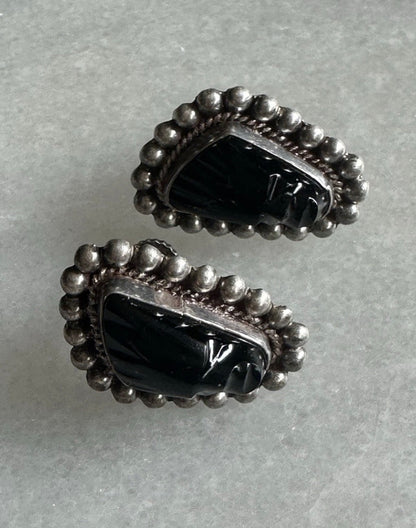 Vintage Sterling Mexico Warrior Face Carved Onyx Screw back Earrings Art Deco