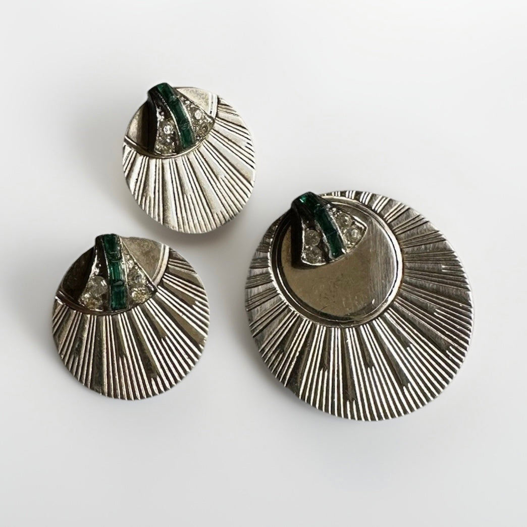 Antique Art Deco Unsigned Clip On Earrings And Brooch Sun Ray Boucher Style
