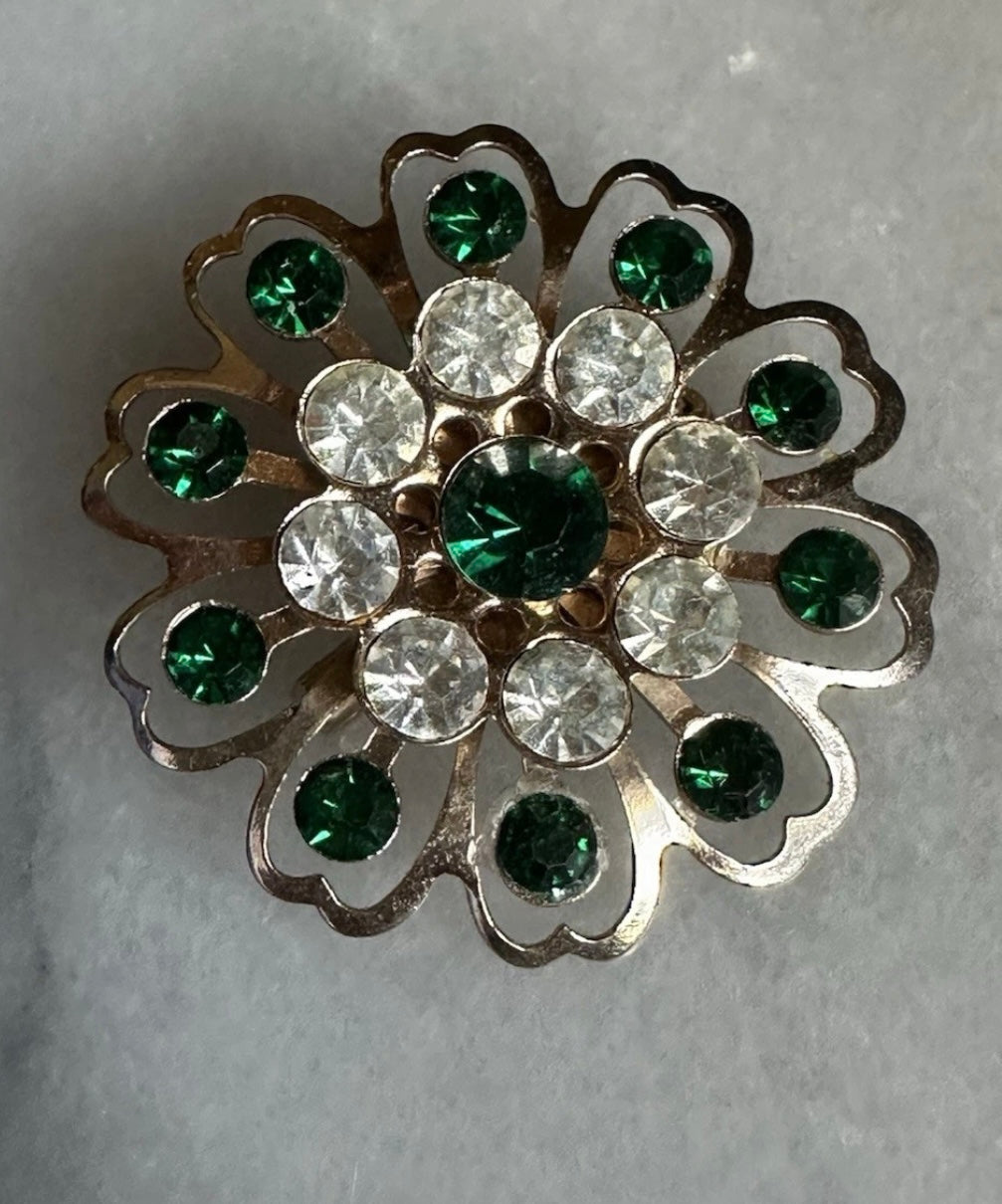 Vintage Early Mid Century Art Deco Sunburst Flower Pin Brooch Clear And Green