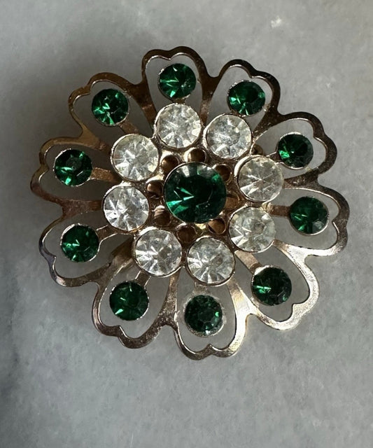 Vintage Early Mid Century Art Deco Sunburst Flower Pin Brooch Clear And Green