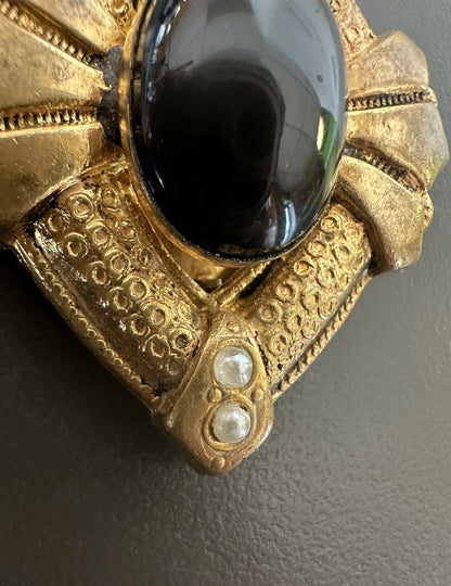 Antique Gold Filled Dress Clip Black Glass Seed Pearl Victorian Art Deco