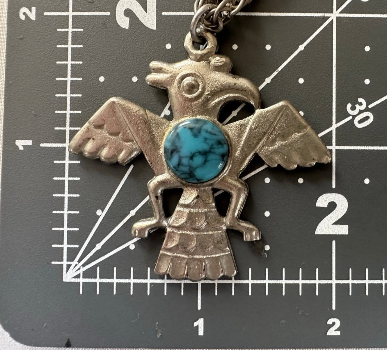 Vintage Southwest Style Cast Metal Thunderbird Necklace Turquoise Stone