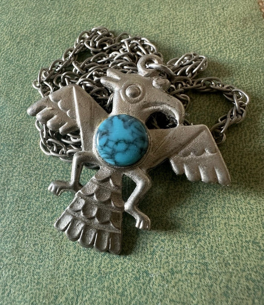 Vintage Southwest Style Cast Metal Thunderbird Necklace Turquoise Stone