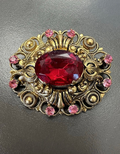 Vintage Art Nouveau Red And Pink Glass Paste Brooch Pin Very Nice