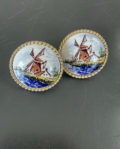 Vintage Delft Cufflinks Hand Painted Enameled Art Windmill Pond