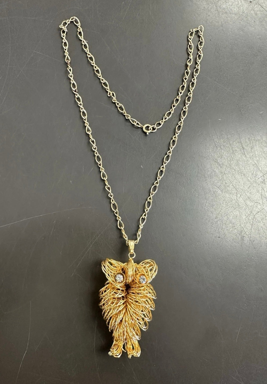 Vintage Goldtone Wire wrap Owl Pendant On Goldtone Figaro Chain Necklace