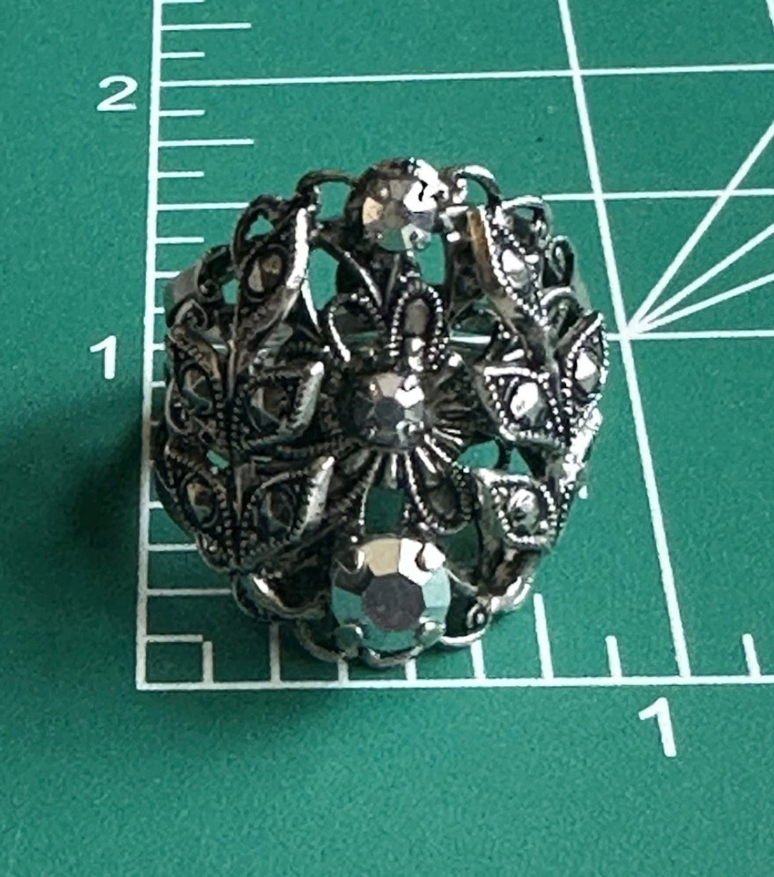 Vintage West Germany Filigree Floral Rhinestone Adjustable Ring