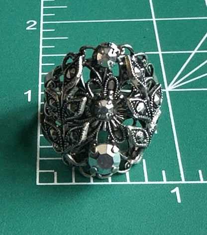 Vintage West Germany Filigree Floral Rhinestone Adjustable Ring