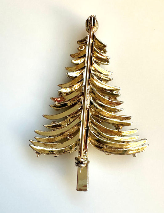 Vintage 1960s Dodds 2.5" Christmas Tree Brooch Rhinestone Gold Tone Multicolor