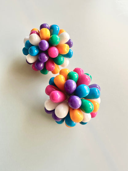 Vintage Mid-Century Porcupine Style Plastic Bead Cluster Clip-on Earrings