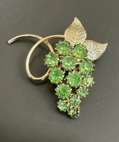 Vintage MCM Bright Light Green Uranium Glass Grape Cluster with Leaves Brooch