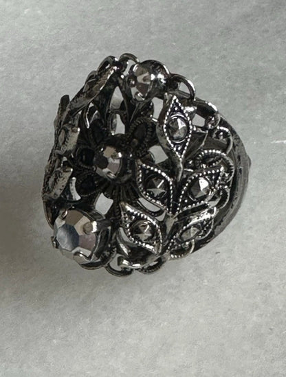 Vintage West Germany Filigree Floral Rhinestone Adjustable Ring