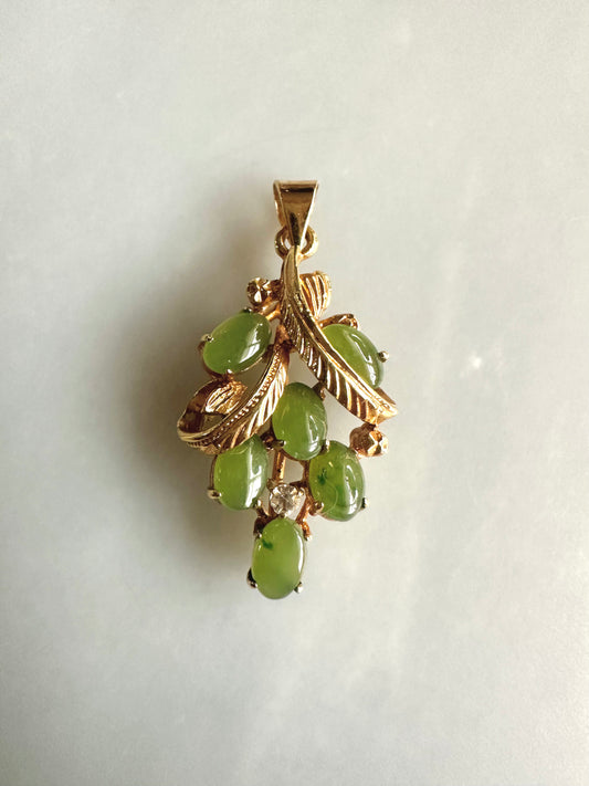 Vintage Goldtone Floral Nephrite Jade Cabochon Pendant