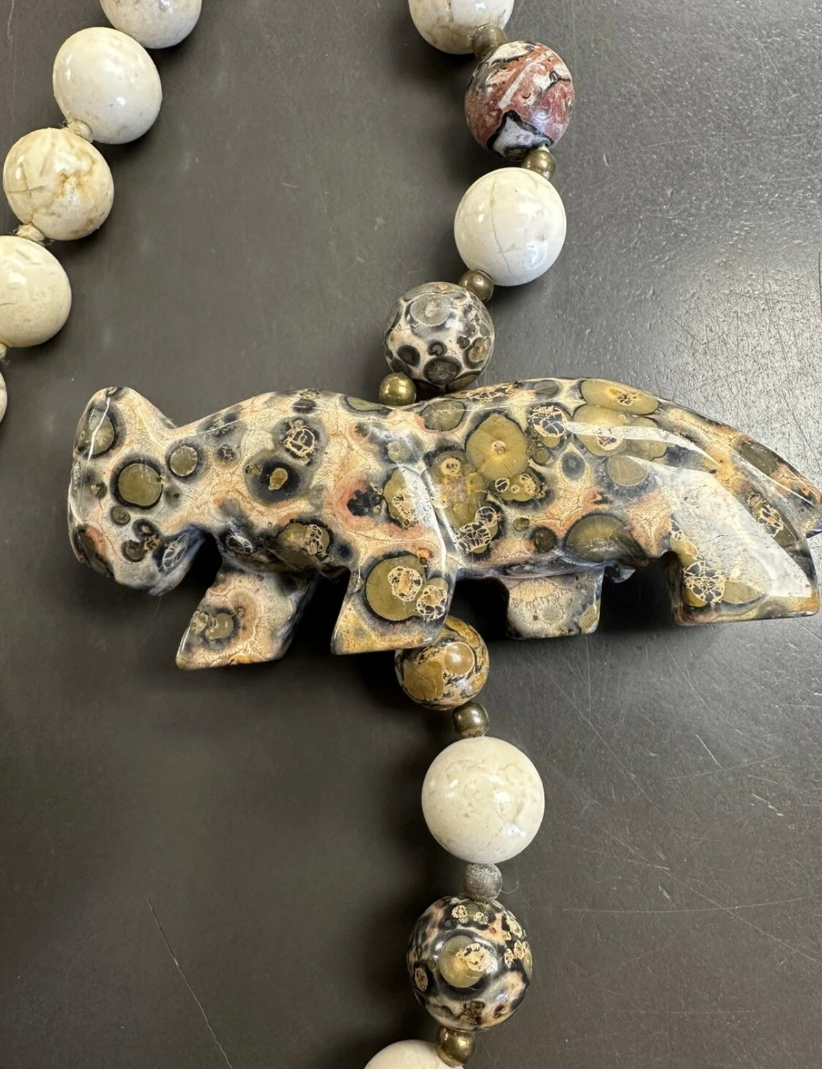 Beaded Knotted Carved Stone Necklace Leopard Jasper With Carved Leopard