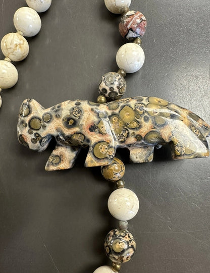 Beaded Knotted Carved Stone Necklace Leopard Jasper With Carved Leopard