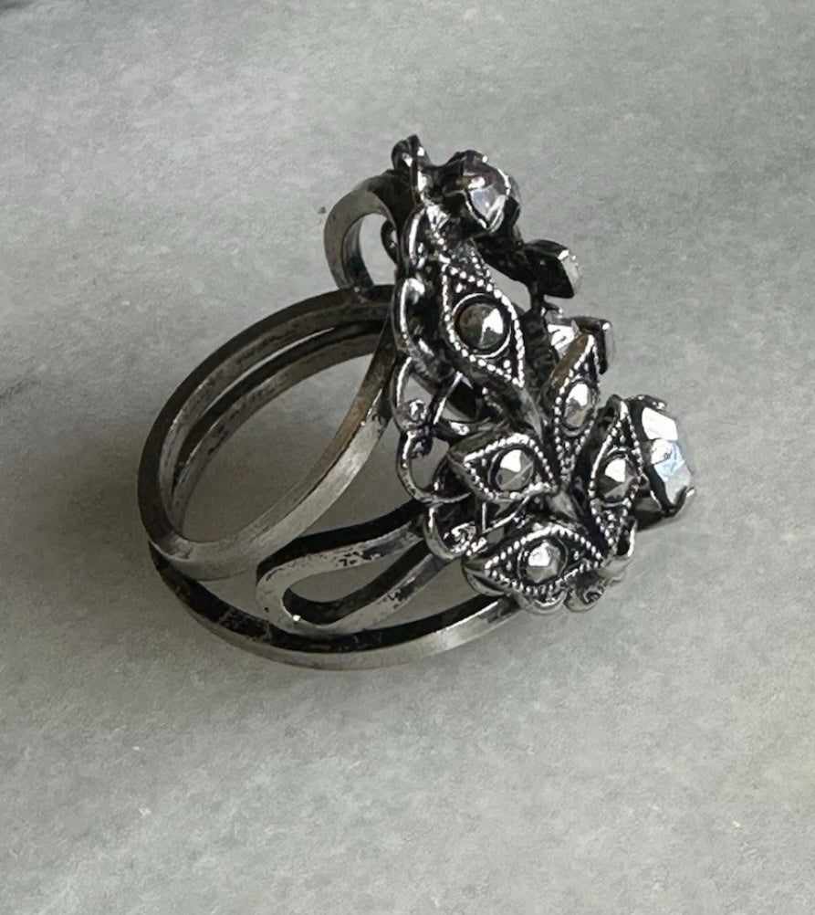 Vintage West Germany Filigree Floral Rhinestone Adjustable Ring