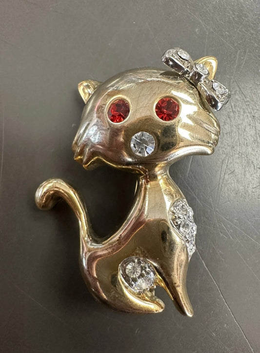 Vintage Retro Rhinestone Cat Brooch Silvertone And Goldtone Pin