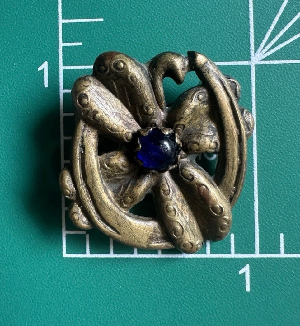 Antique Edwardian Victorian Horseshoe Lucky Four Leaf Clover Pin Cobalt Blue