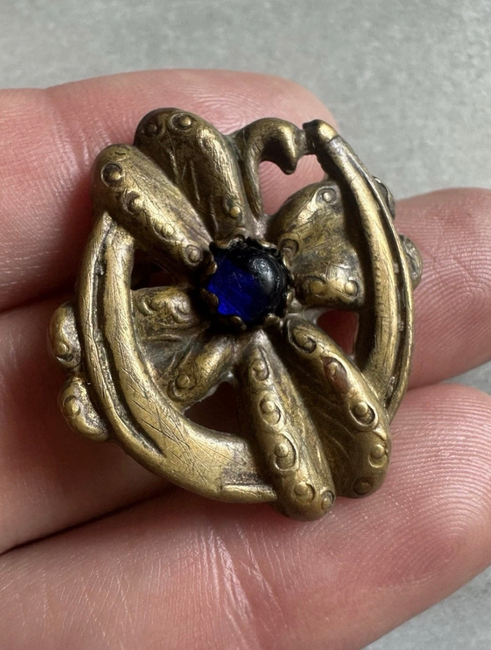 Antique Edwardian Victorian Horseshoe Lucky Four Leaf Clover Pin Cobalt Blue