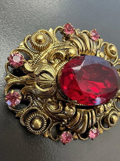 Vintage Art Nouveau Red And Pink Glass Paste Brooch Pin Very Nice