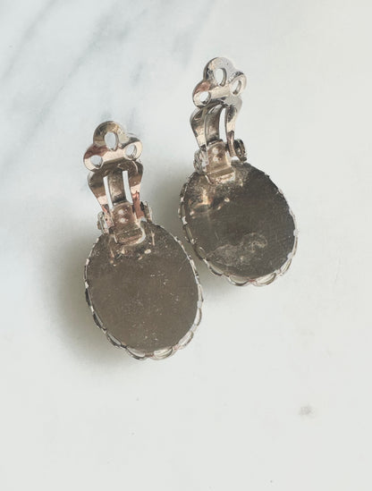 Silvertone Scalloped Clip-on Earrings with Longhorn Cattle Sketch Signed RW