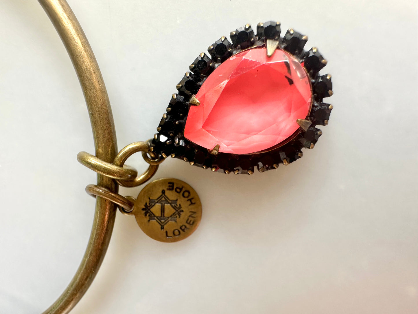 Signed Loren Hope Bangle Bracelet with Pink and Black Teardrop Rhinestone Dangle