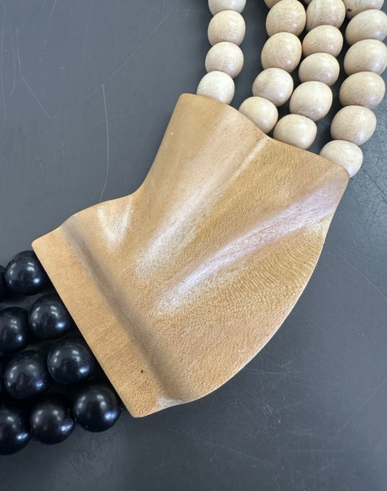 Vintage Black And Tan Natural Wood Beaded Four Strand Statement Necklace