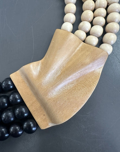 Vintage Black And Tan Natural Wood Beaded Four Strand Statement Necklace