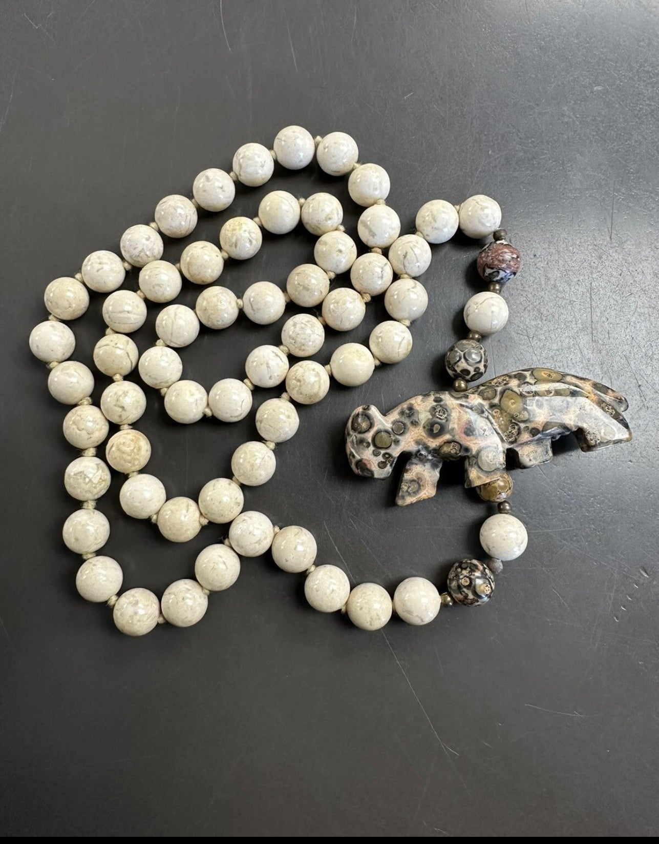 Beaded Knotted Carved Stone Necklace Leopard Jasper With Carved Leopard