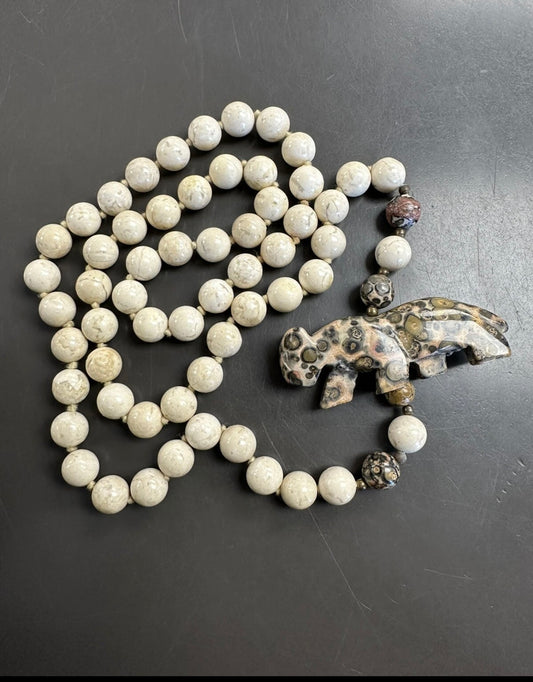 Beaded Knotted Carved Stone Necklace Leopard Jasper With Carved Leopard