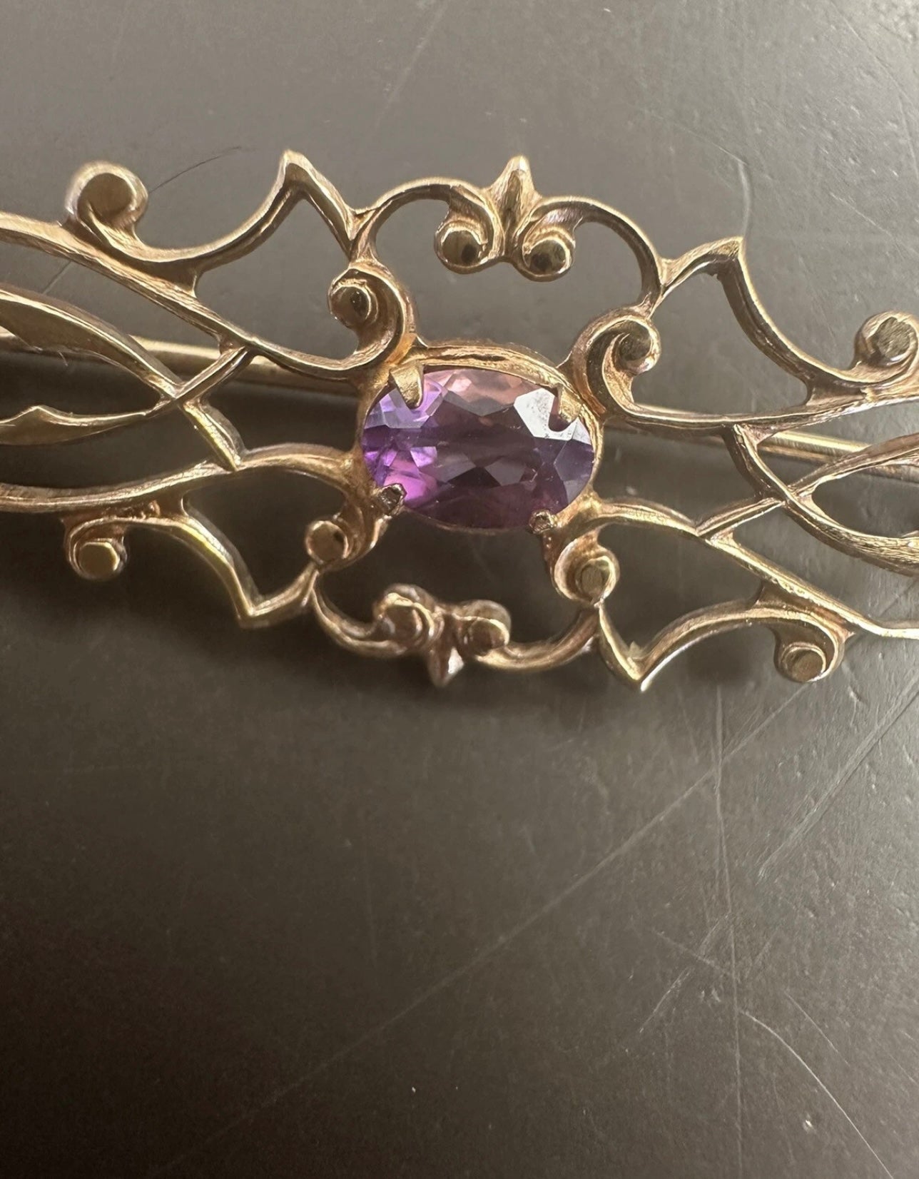 WEH Hayward Vintage Victorian Revival Brass Pin With Amethyst