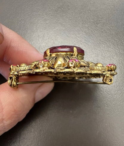 Vintage Art Nouveau Red And Pink Glass Paste Brooch Pin Very Nice