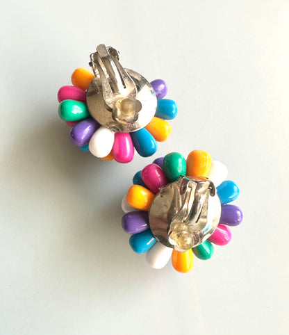 Vintage Mid-Century Porcupine Style Plastic Bead Cluster Clip-on Earrings