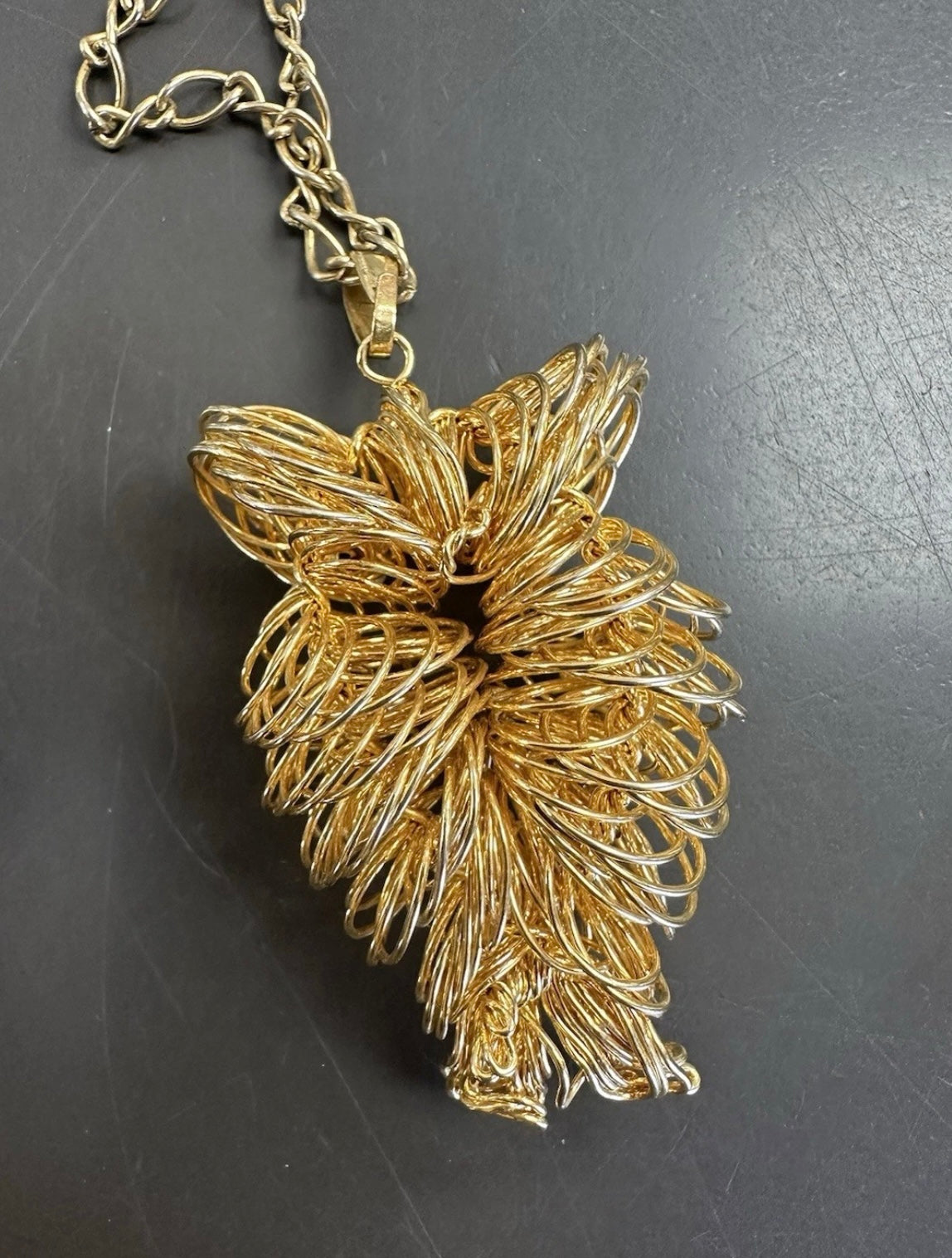 Vintage Goldtone Wire wrap Owl Pendant On Goldtone Figaro Chain Necklace