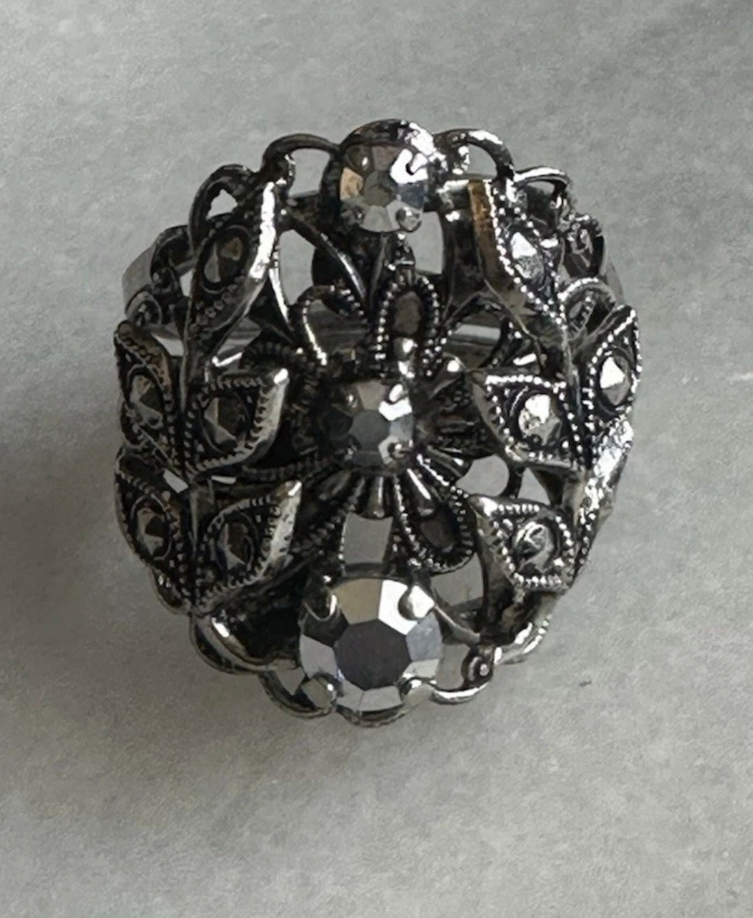 Vintage West Germany Filigree Floral Rhinestone Adjustable Ring